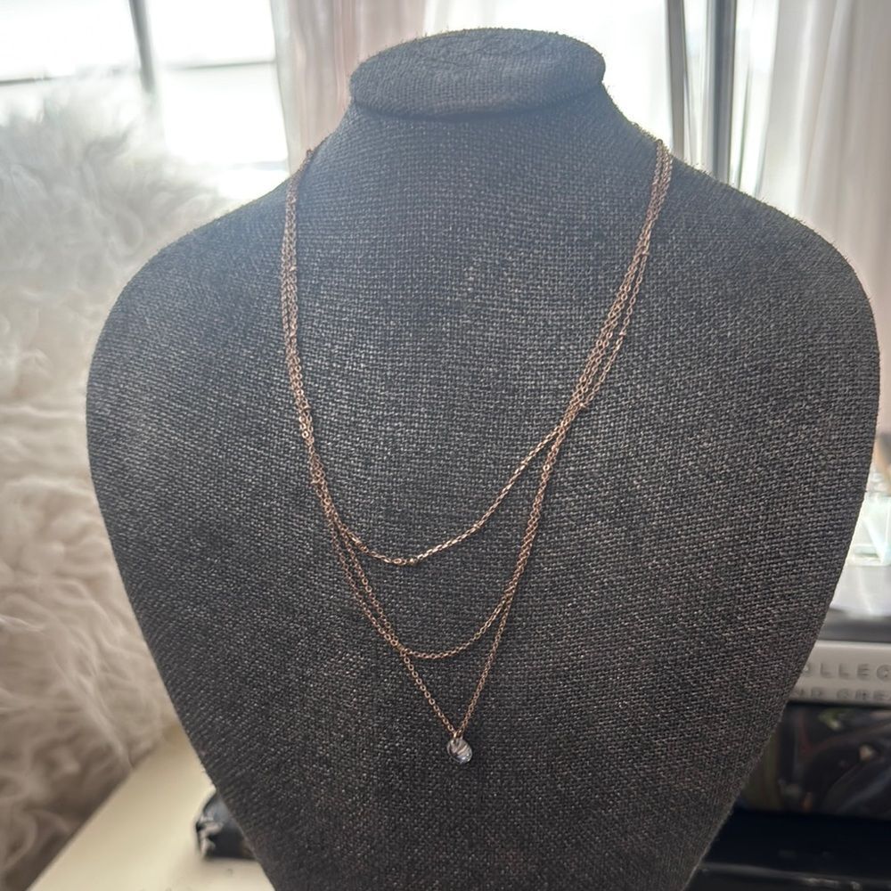 Elegant Rose‎ Gold Tone Triple Strand Necklace with Crystal Pendant